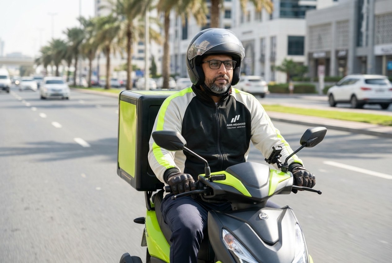 Professional delivery rider beside an insulated delivery bag